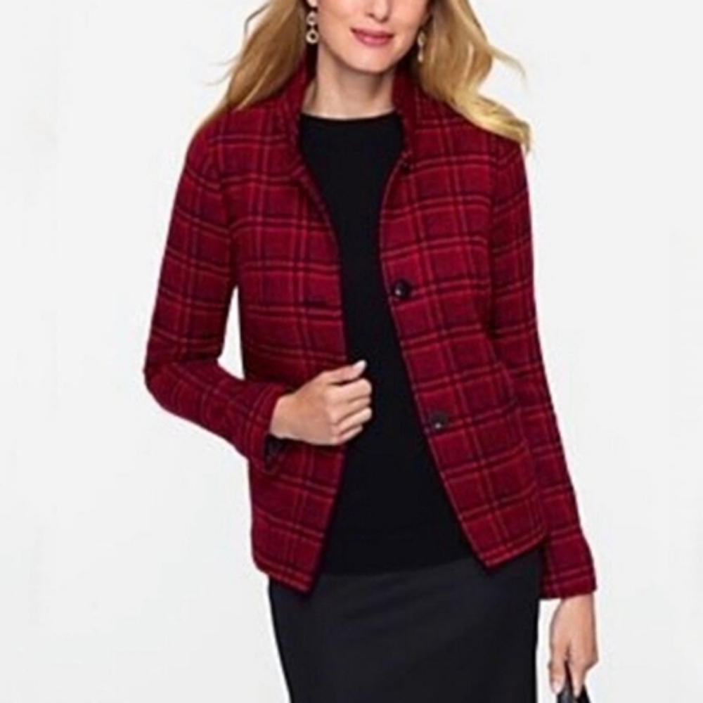 Talbots Red Black Houndstooth Plaid Wool Blend Checkered Knit Blazer